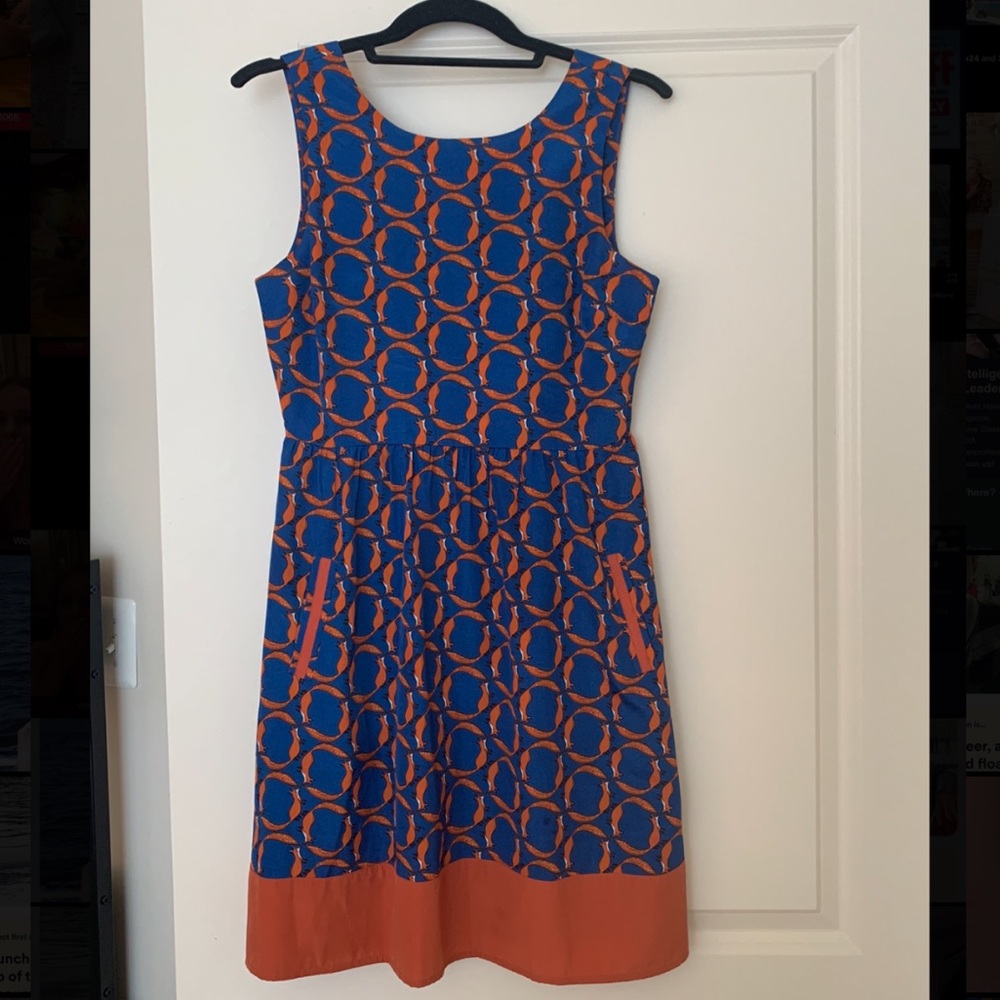 Maison Jules Fox Print Dress Blue Orange Size XS
